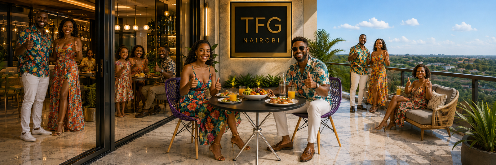 A panoramic lifestyle shot of gathered families and friends giving thumbs-up signs while enjoying a terrace dinner with the purple ECBT3-3 balcony table and chairs set on Amboseli Road.