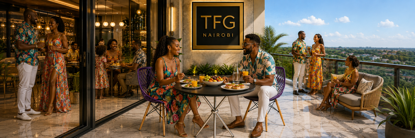 A panoramic lifestyle shot of gathered friends and families enjoying food and drinks on a luxury marble balcony featuring the purple ECBT3-3 balcony furniture set on Amboseli Road.