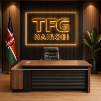 EKTP8051 2.0M Executive Office Desk from TFG Nairobi featuring a premium walnut finish and black slatted front panel in a luxury Karen office.