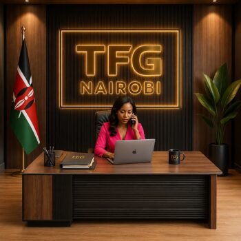 A professional executive working on the extra-large EKTP8051 2.0M executive office desk from TFG Nairobi in a luxury Karen home office with a modern walnut and black finish.