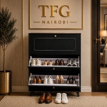 HLSC1878-B black shoe cabinet by Lyson Home with multiple pairs of shoes in a modern entryway in Westlands, Nairobi, Kenya