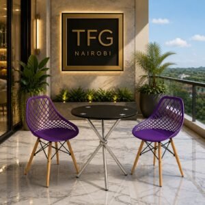 The Small Balcony Furniture Ideas: How to Turn Your Nairobi Terrace into a Luxury Oasis with the ECBT3-3 purple geometric mesh chair and table set by Eames and Vitra on a luxury apartment terrace on Amboseli Road under the TFG Nairobi logo.