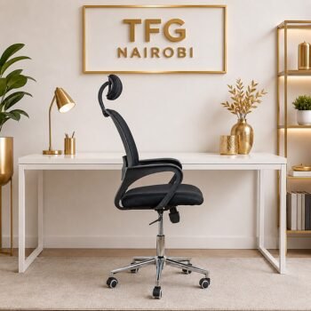 Side view of STAFF PRO8183 black high-back ergonomic office chair with headrest, mesh back and wheels in Westlands, Nairobi, Kenya