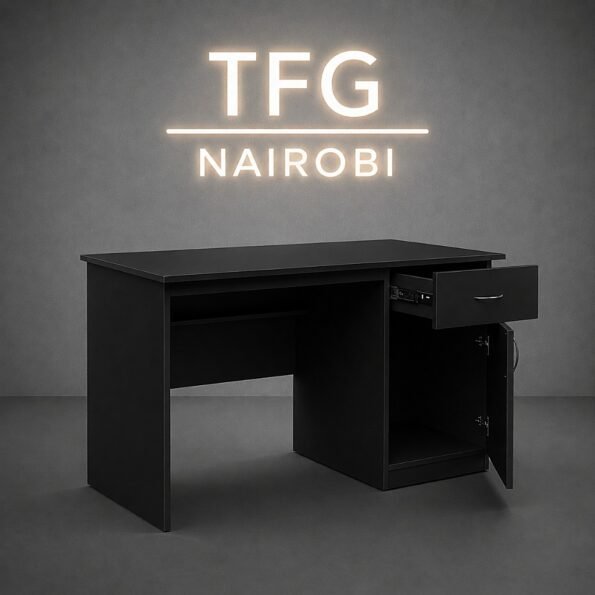 TFG DS54 BLACK Home Office Desk with drawer and storage cupboard open showing interior storage - Premium MDF desk in Lavington Nairobi Kenya