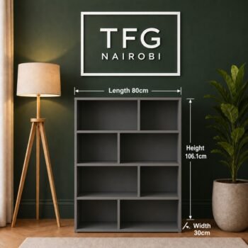 TFG111-4 Grey Mini Bookshelf dimension guide showing 80cm length, 106.1cm height and 30cm width – compact grey MDF bookshelf by The Furniture Guys Nairobi, Kenya