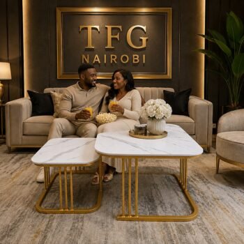 X17 White Marble Nesting Tables Set of 2 with Gold Frame in luxury living room with couple - Modern nesting coffee tables Lavington Nairobi Kenya
