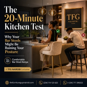 A side-by-side posture comparison infographic by TFG Nairobi demonstrating the ergonomic benefits of comfortable bar stools Kenya. It highlights the contrast between healthy, supported posture and poor posture caused by backless kitchen stools.