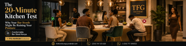 A wide-angle interior view of a luxury Nairobi kitchen showcasing the "20-minute kitchen test" posture infographic by TFG Nairobi. It illustrates the difference between ergonomic seating and poor posture using real-life examples of comfortable bar stools in Kenya.