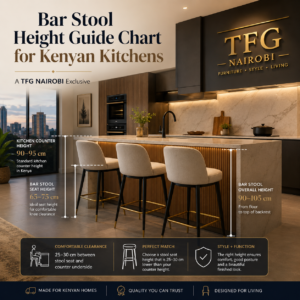 A professional bar stool height guide chart for Kenyan kitchens, created by TFG Nairobi. The graphic illustrates the ideal 25-30cm clearance between stool seats and kitchen counter heights, including specific measurement ranges for standard counters, islands, and bars in Kenya.