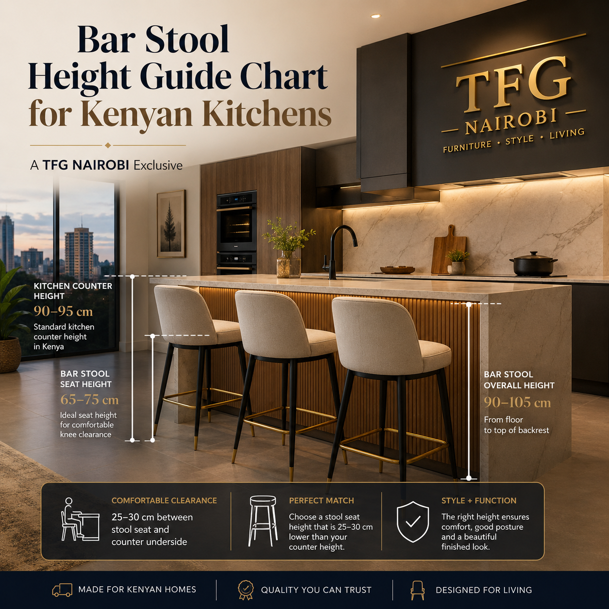 A professional bar stool height guide chart for Kenyan kitchens, created by TFG Nairobi. The graphic illustrates the ideal 25-30cm clearance between stool seats and kitchen counter heights, including specific measurement ranges for standard counters, islands, and bars in Kenya.