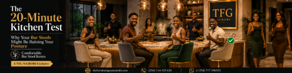 A luxury Nairobi kitchen featuring a group of satisfied customers giving a thumbs-up on TFG Nairobi exclusive, comfortable bar stools. The image displays a large green checkmark, illustrating the ergonomic '20-Minute Kitchen Test' and proving optimal posture support. Includes TFG contact details and website