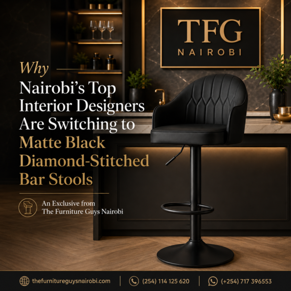 Blog cover graphic featuring the TFG Nairobi matte black diamond-stitched bar stool, highlighting design trends for high-end Nairobi kitchens and interior design styles.