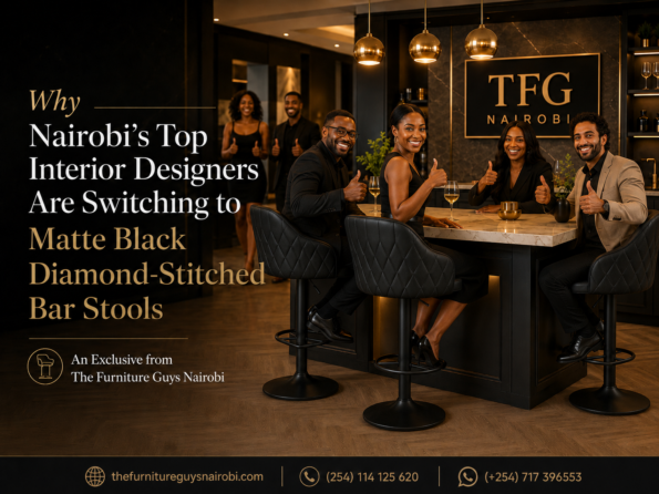 A group of satisfied clients giving a thumbs-up while seated on TFG Nairobi matte black diamond-stitched bar stools in a premium Nairobi kitchen setting.