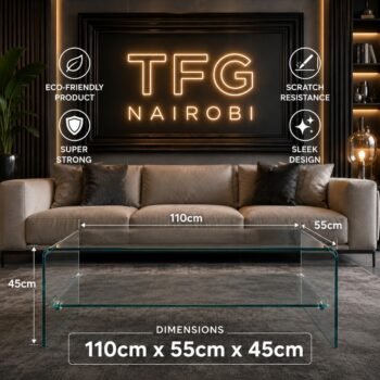 Infographic detailing CT93-1 bent glass coffee table dimensions 110cm x 55cm x 45cm by TFG Nairobi, highlighting eco-friendly, scratch resistance, super strong, and sleek design features.