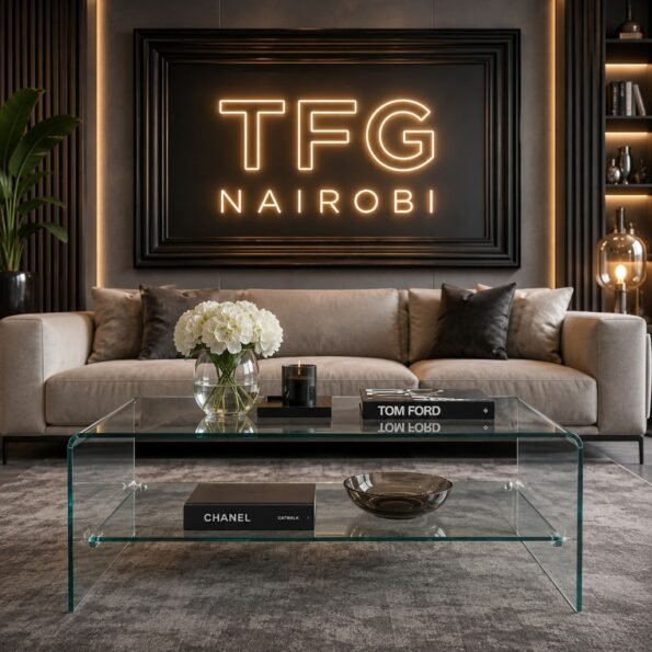 Modern CT93-1 bent glass coffee table by Alf Italia installed in a luxury living room in Kitisuru Mwamuto, featuring a seamless curved glass design with a storage shelf.