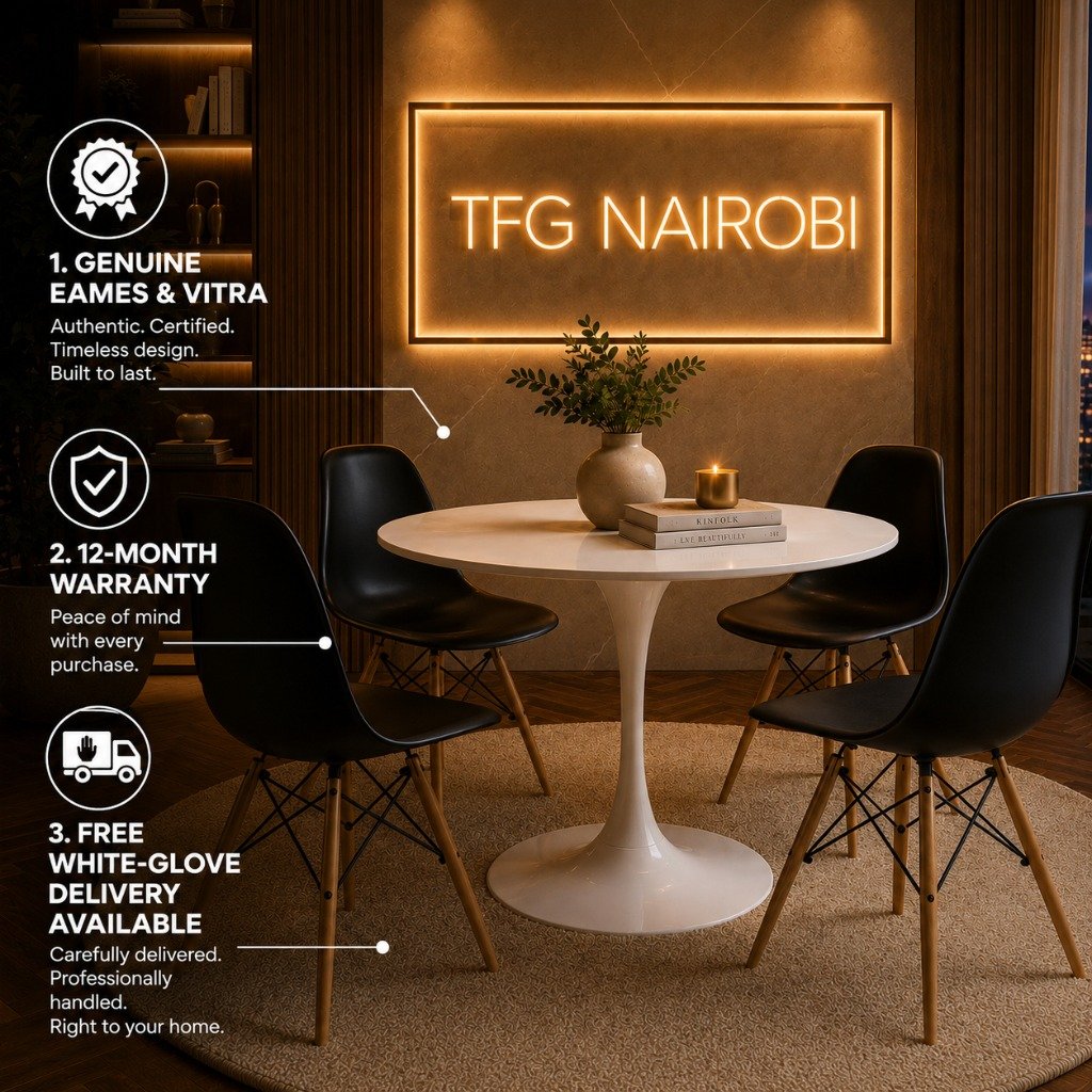 EOVC1278-2 Eames Black Dining Set Infographic Features Product feature infographic for the EOVC1278-2 Eames 4-seater dining table and black chairs set by TFG Nairobi, highlighting authentic design, a 12-month warranty, and free white-glove delivery.