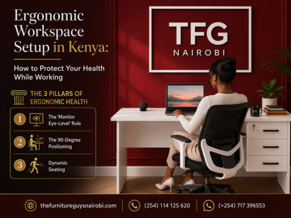 A professional woman working at a TFG Nairobi white executive desk and ergonomic chair, demonstrating the 3 pillars of an ergonomic workspace setup in Kenya.