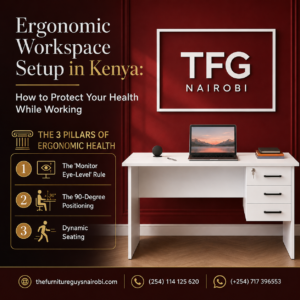 Cover graphic for "Ergonomic Workspace Setup Kenya", illustrating the 3 pillars of health (Monitor Eye-Level, 90-Degree Positioning, Dynamic Seating) with the TFGHD100-1 desk.