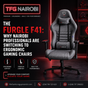 Cover graphic for the Furgle F41 ergonomic gaming chair in Kenya, showcasing premium fabric design, lumbar support, and performance-focused features for Nairobi professionals and gamers.