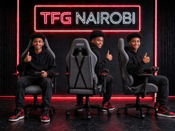 Satisfied customer giving a thumbs-up while using the Furgle F41 fabric ergonomic gaming chair, available in Hurlingham, Arwing Kodhek Road, Nairobi, at TFG Nairobi.