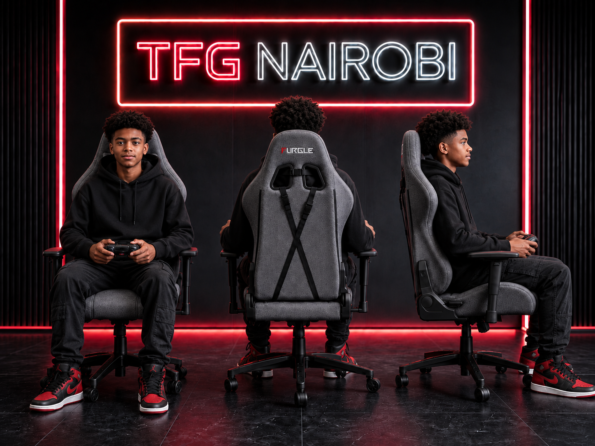 Professional gamer using the Furgle F41 fabric ergonomic gaming chair, showcasing comfort and performance in a modern home setup in Hurlingham, Nairobi.