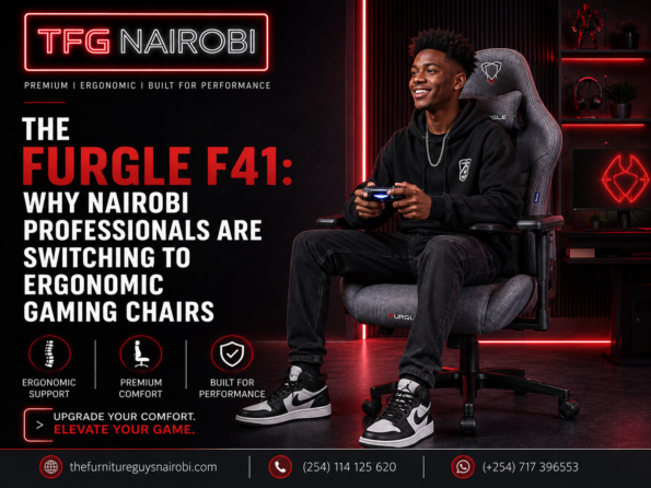 Professional gamer in a modern Nairobi home office using the Furgle F41 ergonomic gaming chair in Kenya, featuring premium lumbar support and a sleek design by TFG Nairobi.