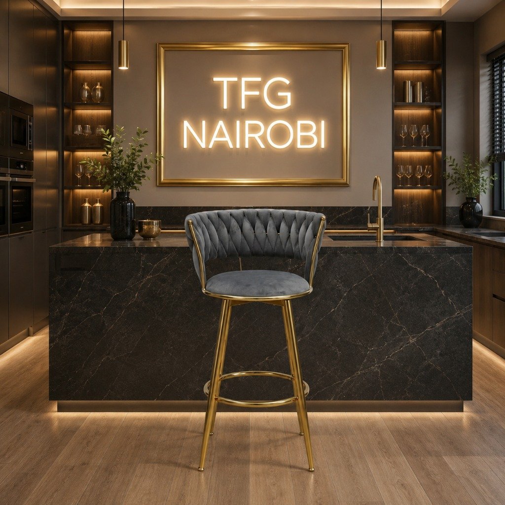 H-1871 LUX Bar Chair - Hurlingham Kitchen Placement Luxury H-1871 bar chair with high-polished gold legs standing in a premium modern kitchen in Hurlingham under a glowing neon TFG NAIROBI sign.