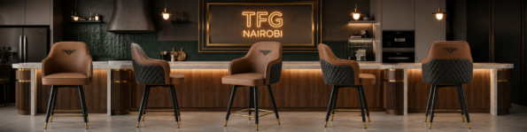 A panoramic wide shot displaying four H-1977 LUX bar chair in brown leather from multiple angles along a luxury marble kitchen island on Arwings Kodhek Road, Hurlingham.