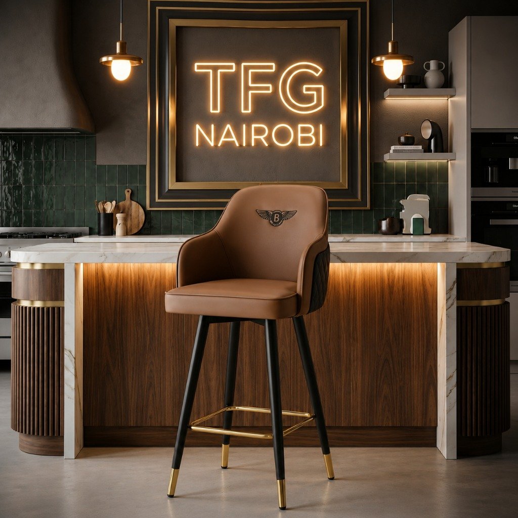 H-1977 LUX Bar Chair - Hurlingham Apartment Placement Premium H-1977 LUX bar chair in brown leather with gold accent footrest standing in a luxury apartment kitchen on Arwings Kodhek Road, Hurlingham, under a glowing TFG NAIROBI sign.