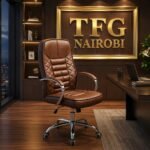 HF803 high back office chair with chrome accents and a Class 3 gas lift staged in a luxury corporate office under a gold TFG Nairobi sign.