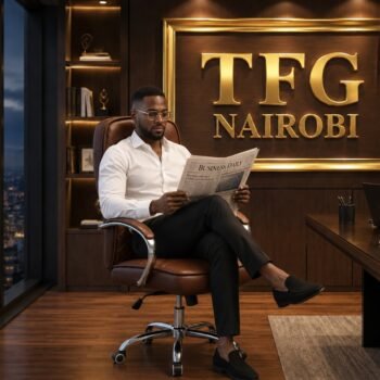 A professional man in a white shirt sitting on the HF803 brown leather high back executive office chair reading a Business Daily newspaper in a luxury office on Amboseli Road.