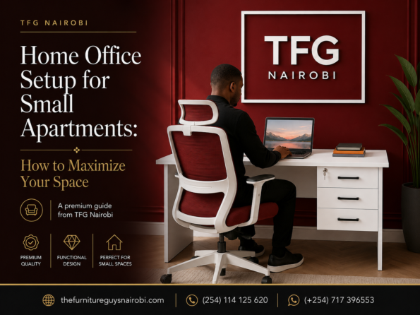 A professional man working in a small apartment using a TFG Nairobi 1.4M white executive desk, demonstrating an optimized home office setup for small spaces.