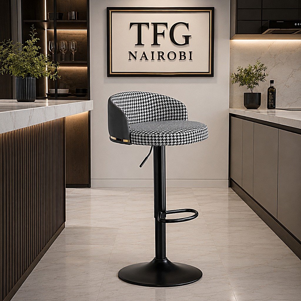 Houndstooth Adjustable Bar Stool with Back - Black & White (Karen, Nairobi) Houndstooth Adjustable Bar Stool with Back – Black & White with a curved upholstered backrest and black accent trim, staged at a luxury kitchen island in Karen, Nairobi.
