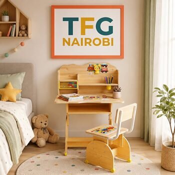 JTCL-22-2 kids desk and chair set in a Kitisuru Mwamuto Nairobi bedroom with natural wood finish and yellow accents
