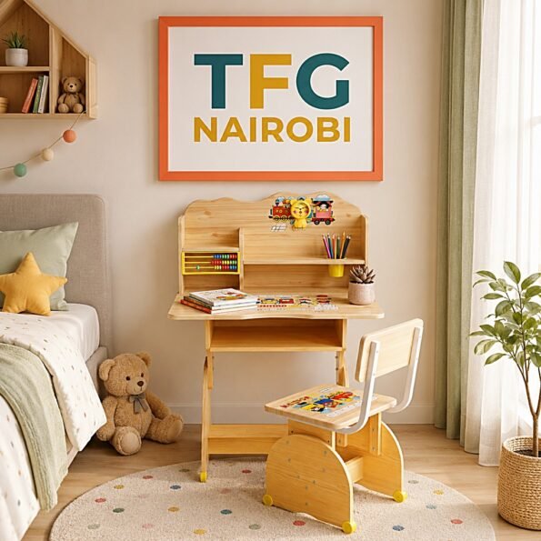 JTCL-22-2 kids desk and chair set in a Kitisuru Mwamuto Nairobi bedroom with natural wood finish and yellow accents