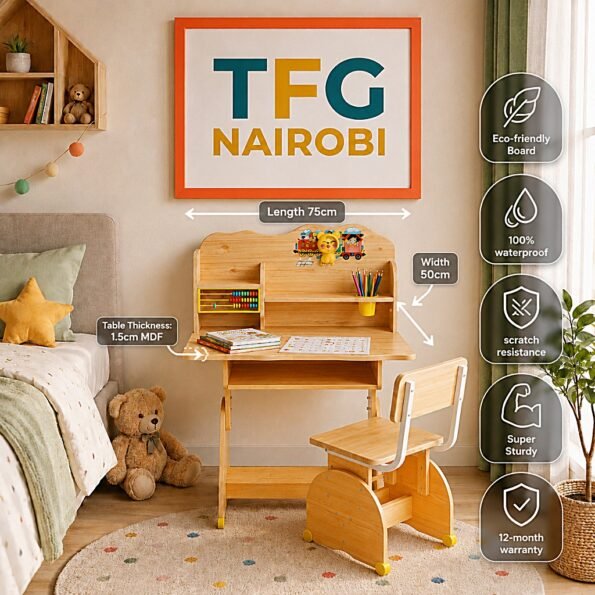 Infographic illustration of the JTCL-22-2 kids desk and chair set showing dimensions and features in Kitisuru Mwamuto Nairobi
