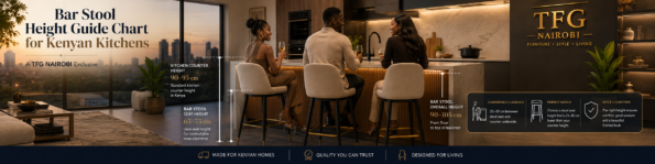A lifestyle infographic showing a couple enjoying a kitchen island in a luxury Nairobi apartment, illustrating the correct bar stool height guide. The chart highlights the 25-30cm clearance rule for comfortable seating at 90-95cm high kitchen counters.