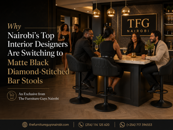 A group of professionals enjoying a sophisticated evening in a luxury Nairobi kitchen, seated on TFG Nairobi matte black diamond-stitched bar stools.