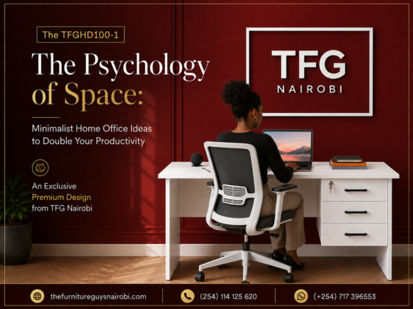 A professional woman demonstrating minimalist home office ideas to double productivity, actively working at the TFGHD100-1 white executive desk in a premium Hurlingham, Nairobi workspace.