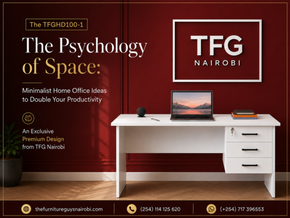 Landscape banner exploring the psychology of space and minimalist home office ideas to double productivity, featuring a sleek white TFG Nairobi executive desk.