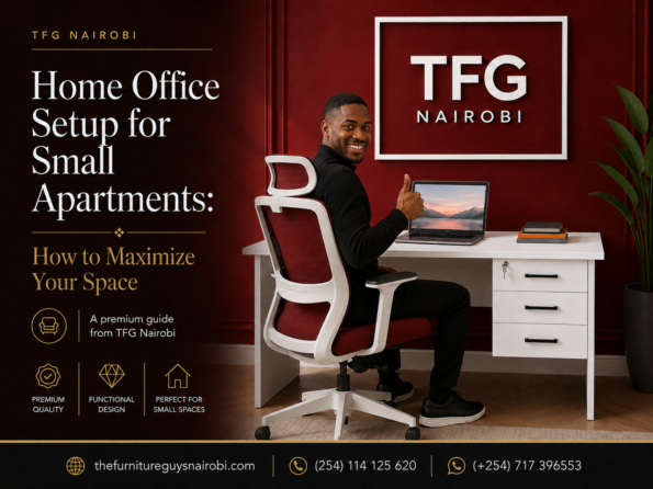 A satisfied customer giving a thumbs-up after implementing a space-saving home office setup for small apartments using the TFG Nairobi white executive desk.