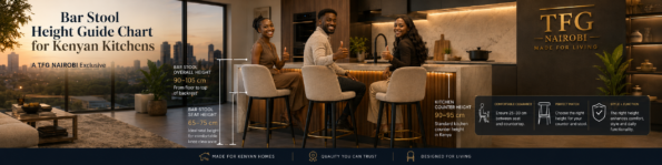 A satisfied group of customers giving a thumbs-up in a modern, luxury Nairobi kitchen after using the TFG Nairobi bar stool height guide. The infographic clearly highlights the 90-95cm counter height and 65-75cm seat height measurements, emphasizing customer satisfaction and comfort.