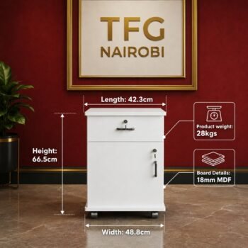 Technical dimension guide for the TFG UD500-1 white under desk cabinet showing a height of 66.5cm, length of 42.3cm, and width of 48.8cm in a Hurlingham home office.