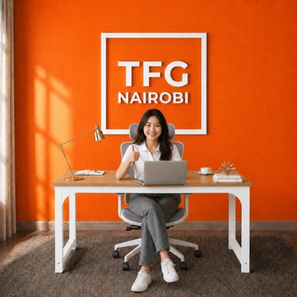 Happy professional giving a thumbs up at a TFG VM1.6M Oak White computer table workstation in a Kitisuru home office, Nairobi, demonstrating premium quality and customer satisfaction.