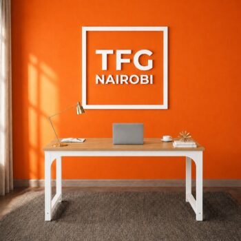 TFG VM1.6M Oak White computer table workstation installed in a Kitisuru home office in Nairobi, featuring a 1.6m wide oak top and white arch-braced legs.