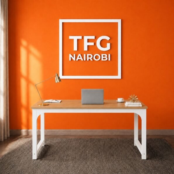 TFG VM1.6M Oak White computer table workstation installed in a Kitisuru home office in Nairobi, featuring a 1.6m wide oak top and white arch-braced legs.