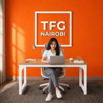Lifestyle view of a remote professional using a laptop at the TFG VM1.6M Oak White computer table and ergonomic chair setup in a Kitisuru home office, Nairobi.