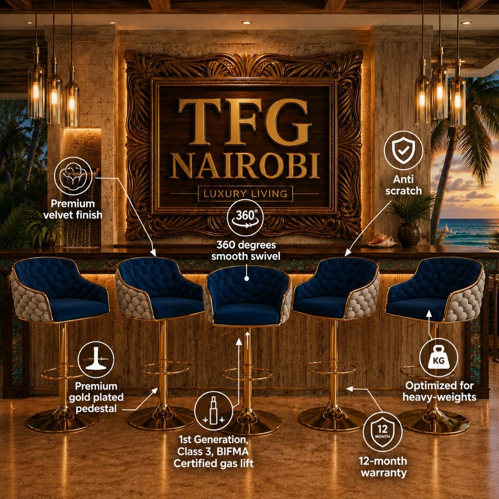 VC12-1 Velvet Bar Stools - Technical Specifications Infographic VC12-1 velvet bar stools infographic highlighting its premium velvet finish, 360 degrees smooth swivel, anti scratch materials, premium gold plated pedestal, 1st Generation Class 3 BIFMA Certified gas lift, optimized for heavy-weights design, and 12-month warranty in Kitisuru, Mwamuto, Nairobi.