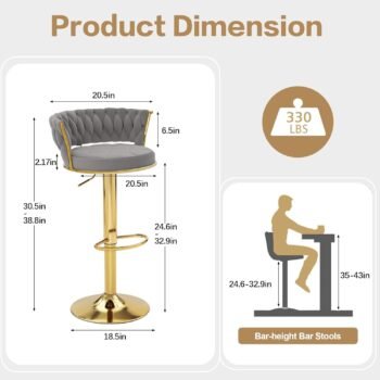 Technical product dimensions guide for the VC12G luxury grey and gold swivel bar stool by VECELO STORE detailing structural seat height, counter compatibility, and weight capacity.