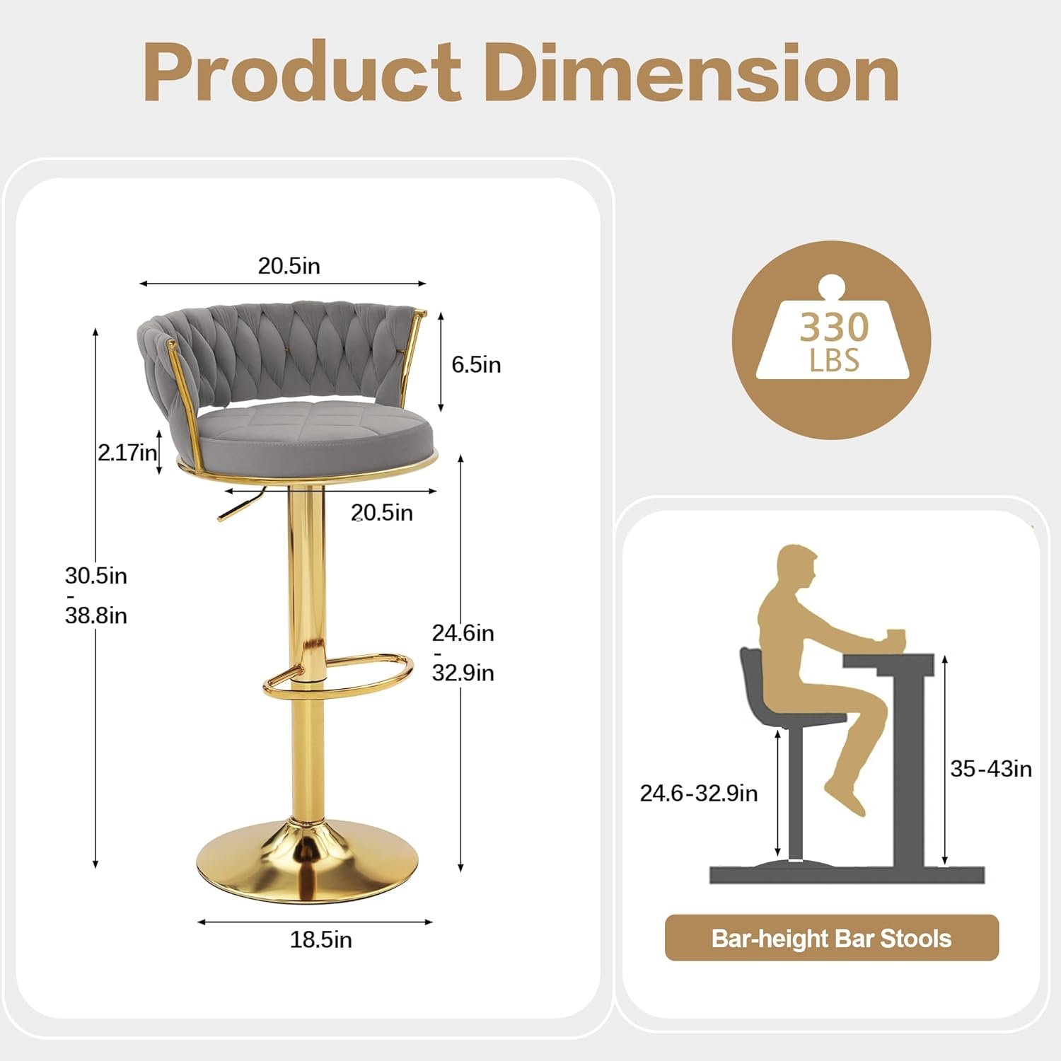 VC12G Bar Stool - Product Dimension Guide Technical product dimensions guide for the VC12G luxury grey and gold swivel bar stool by VECELO STORE detailing structural seat height, counter compatibility, and weight capacity.